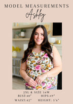 Model Ashley with model measurements displayed on a beige background