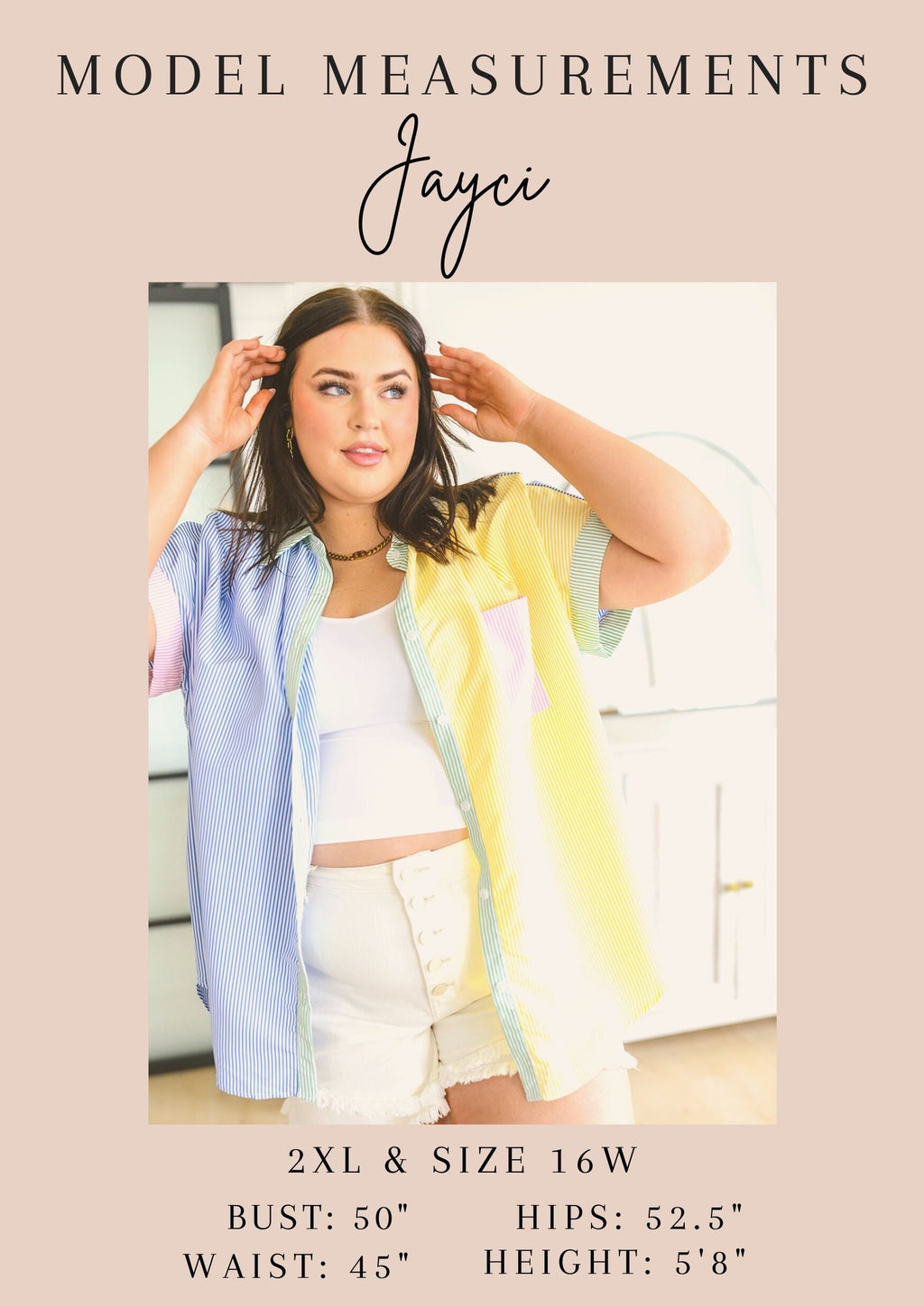 Woman wearing a colorful outfit with model measurements displayed.