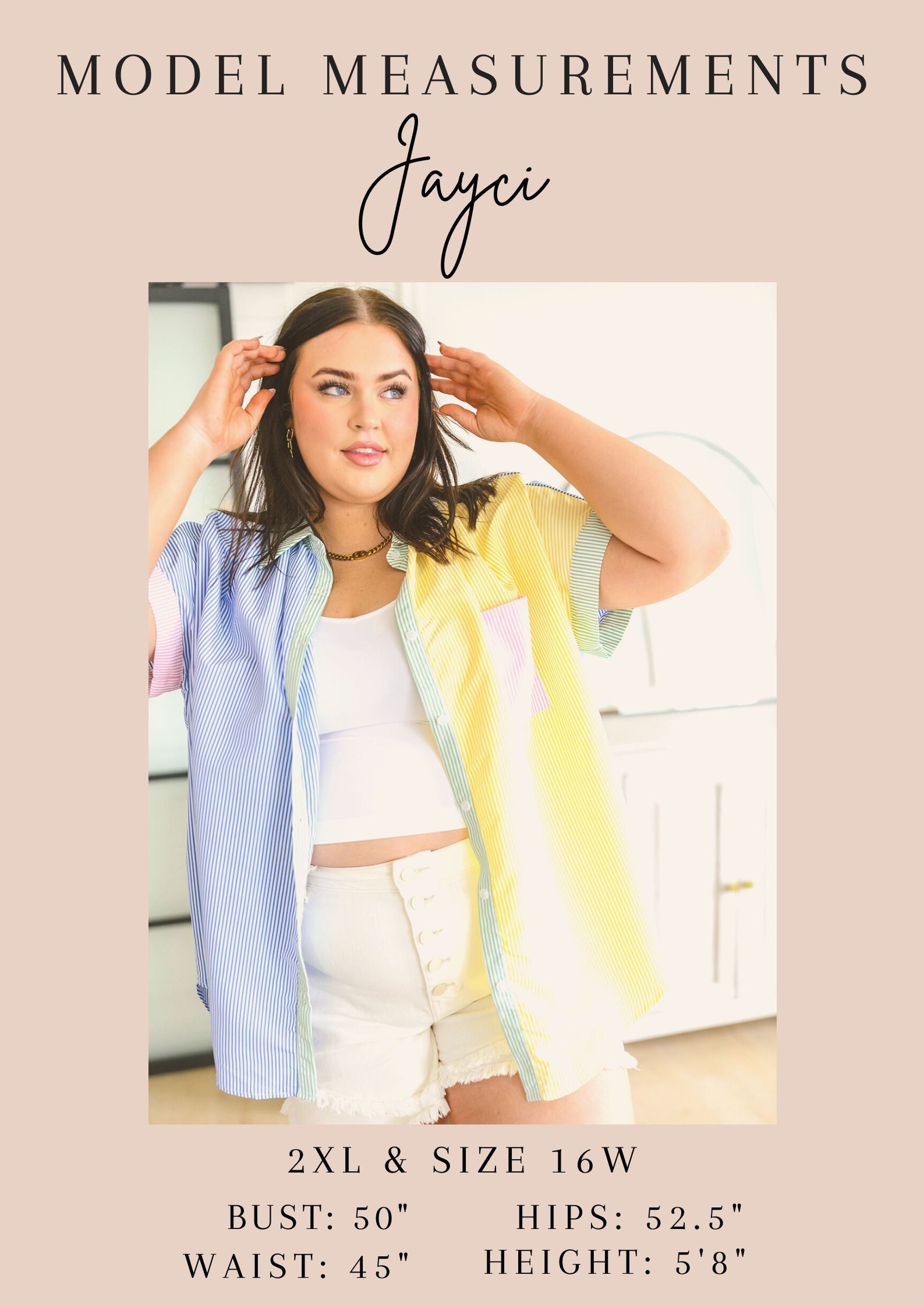 Woman wearing a colorful outfit with model measurements displayed.