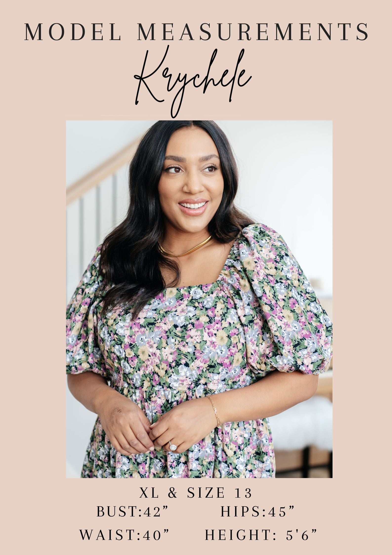 Model measurements for Krychele with a woman wearing a floral dress.