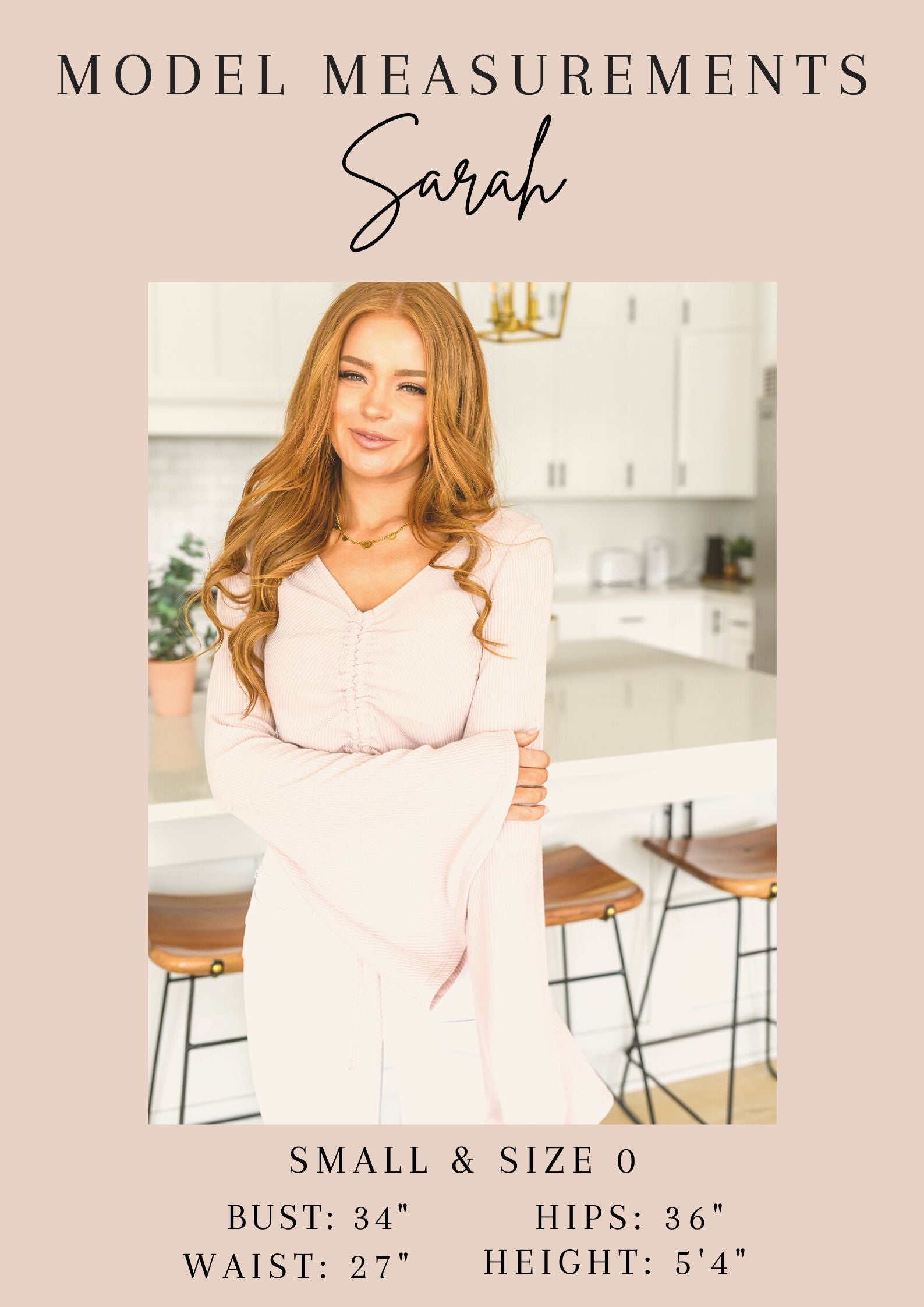 Model Sarah's measurements displayed with a photo of her in a kitchen setting.