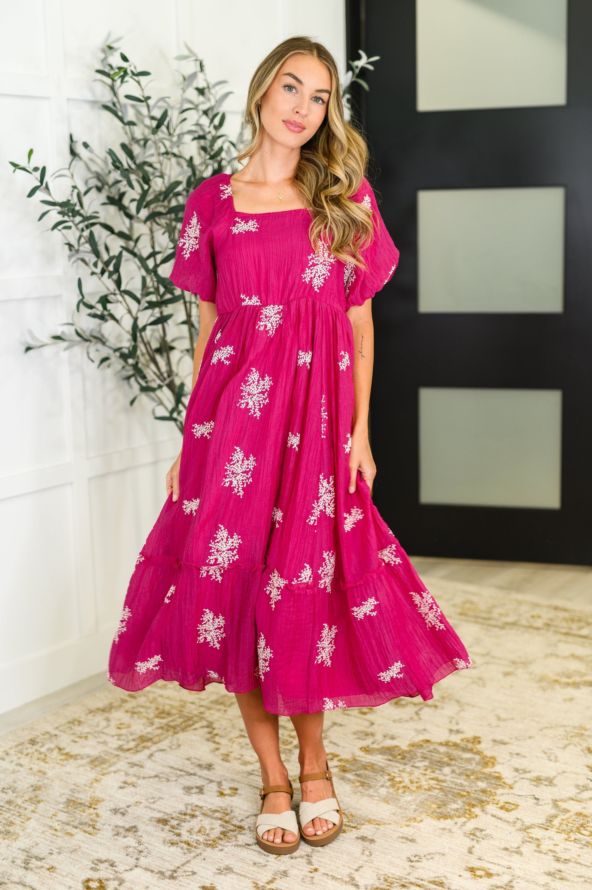 Twirl in Bloom Square Neck Dress in Hot Pink Ave Shops